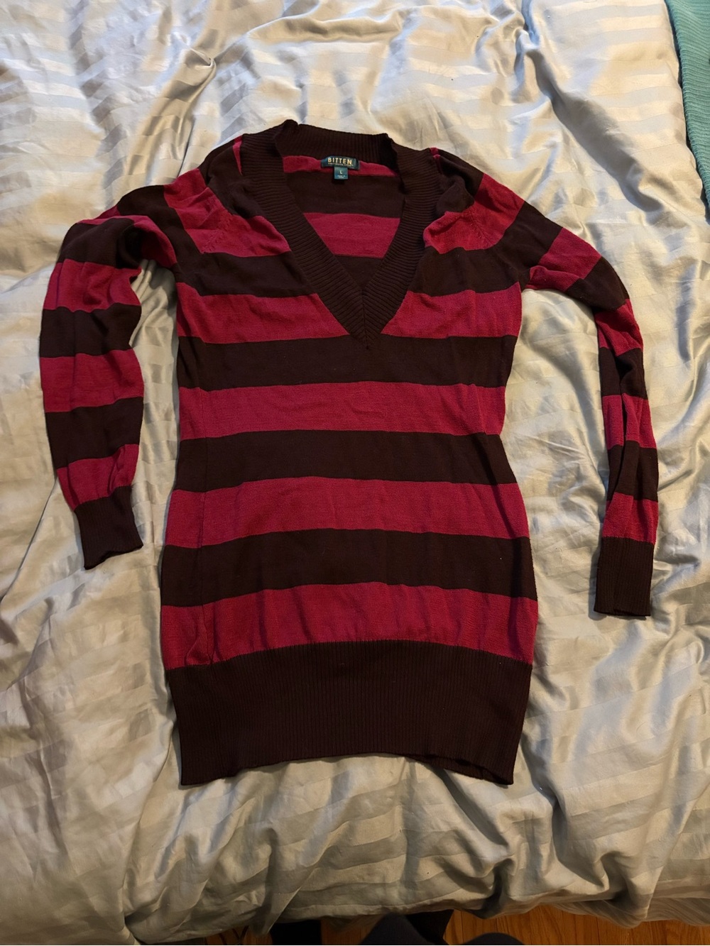 Bitten tunic sweater long sleeve striped shirt chocolate brown and link large L